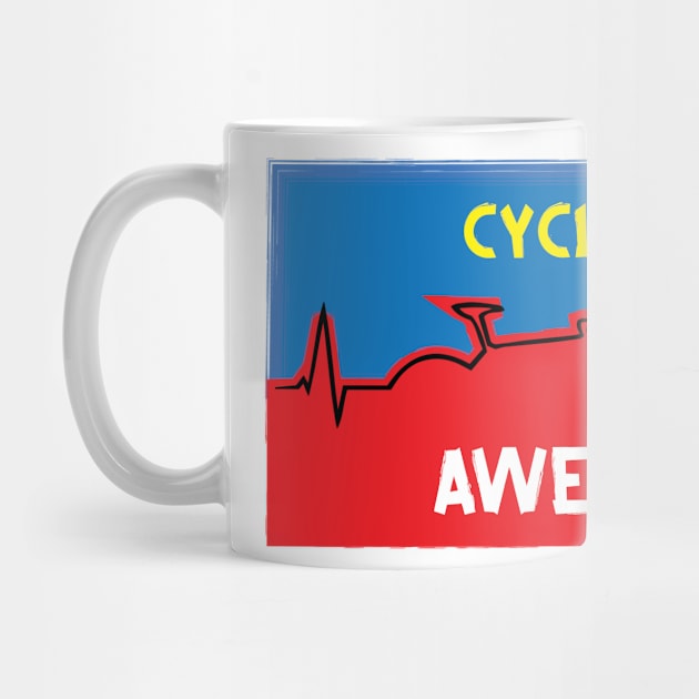 Cycling Is Awesome Heart Beat Line Bicycle Line Blue Red Yellow White by ActivLife